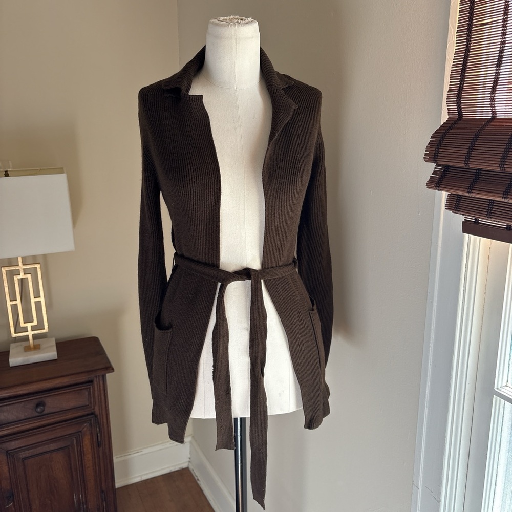Brown Open Front Cardigan with Belt
